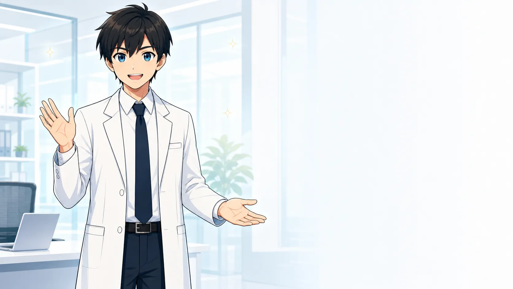 片手を上げて相談を歓迎する白衣姿のらすくのキャラクター